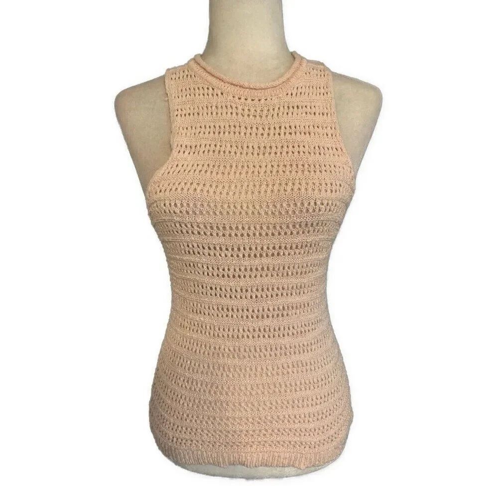 Forever 21 Solid Salmon Pink Crew Neck Knit Mesh Tank TopโSweater Xs